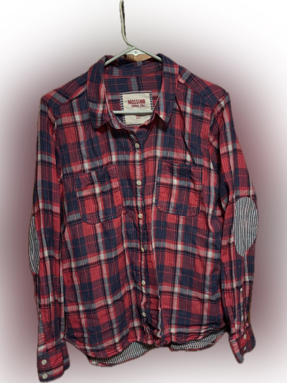Mossimo Supply Co. Pink & Navy Plaid Button-Up Shirt patches on sleeves